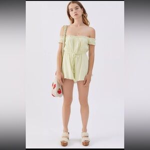 NWT Urban Outfitters Evie Off-The-Shoulder Check Romper Light Green